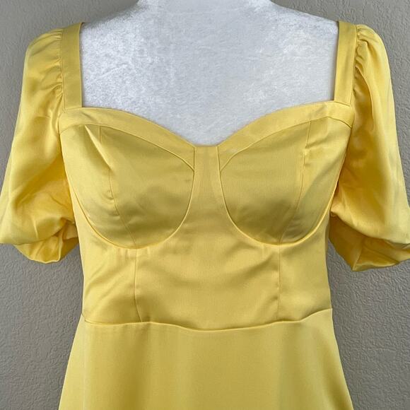 Something New Gloria Short Puff Sleeve Yellow Satin Mini Dress Medium NWT - Picture 6 of 13